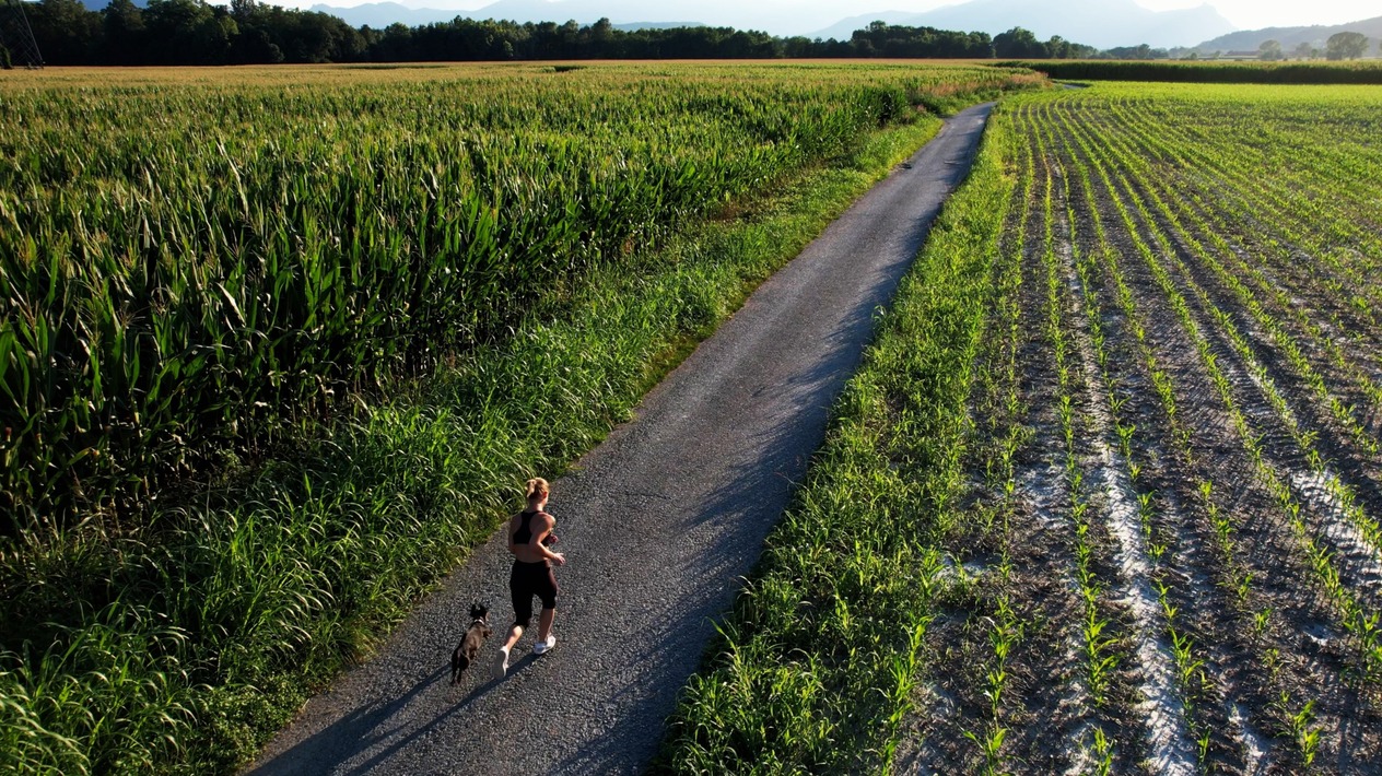 Aerial Tracking Drone Shot of Running Woman